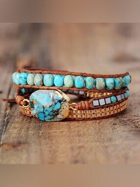 Chakra Healing Turquoise Imperial Jasper Leather Wrap Bracelet Coastal